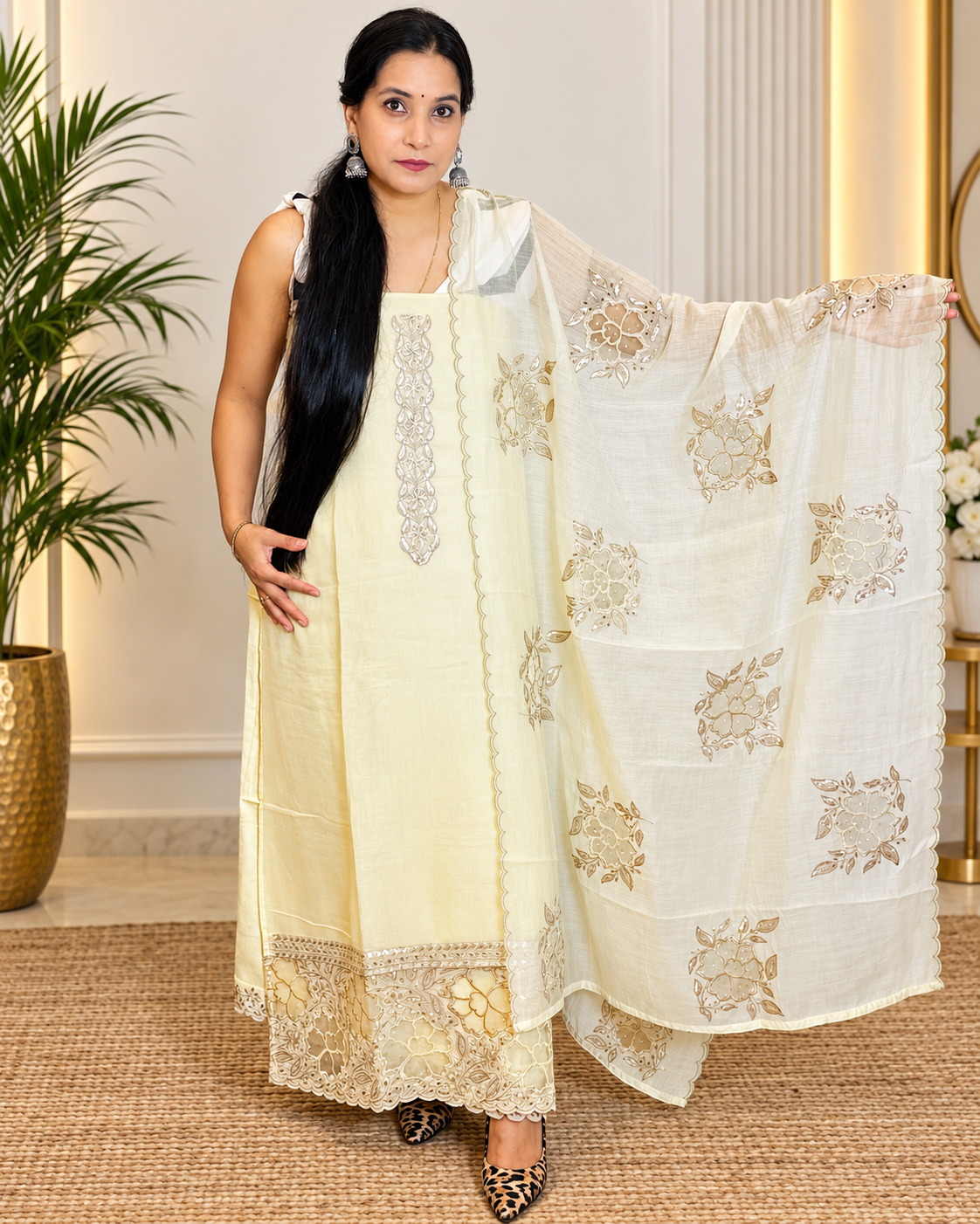 Mal-Chanderi Cream Embroidered Designer Dupatta Suit