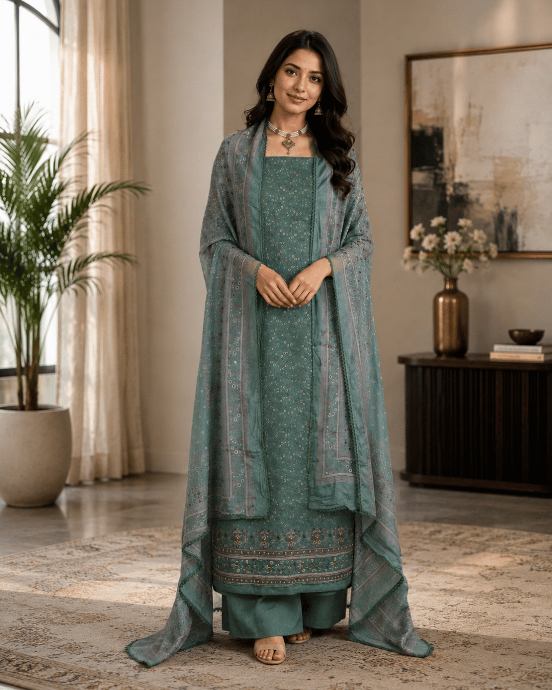Glace Cotton Suit with Muslin Dupatta