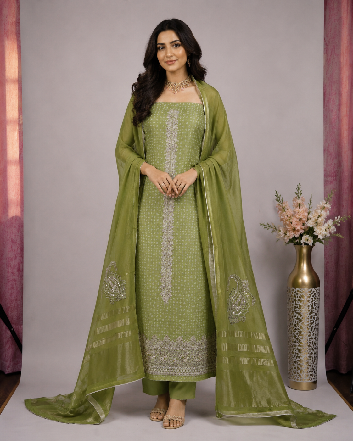 Designer Bandhani Tissue Suit Set with Embroidery
