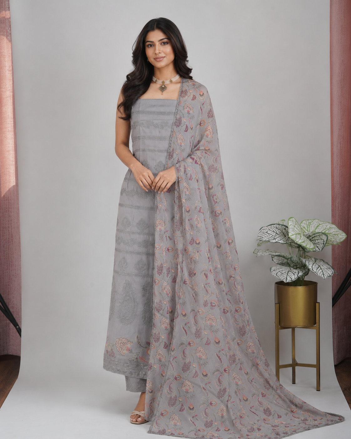 Grey Organza Suit with Lucknowi Embroidery and Digital Print