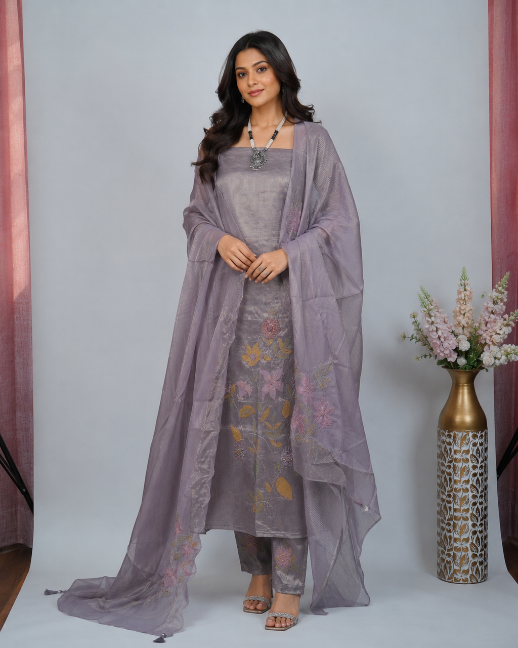 Tissue Suit with Appliqué Embroidery on Shirt and Dupatta