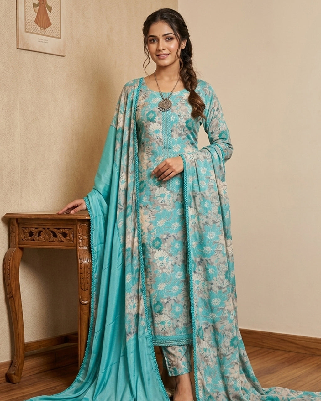 Crepe printed with bottom applique work