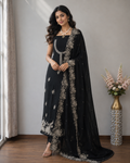 Black Organza Fabric with Flamingo Embroidery Design