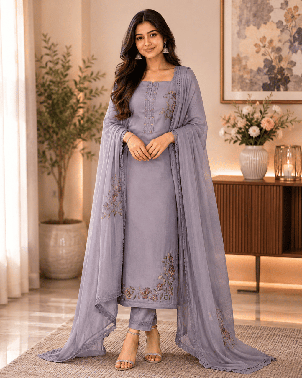 Glace Cotton Ovverall with Plain Chiffon Dupatta