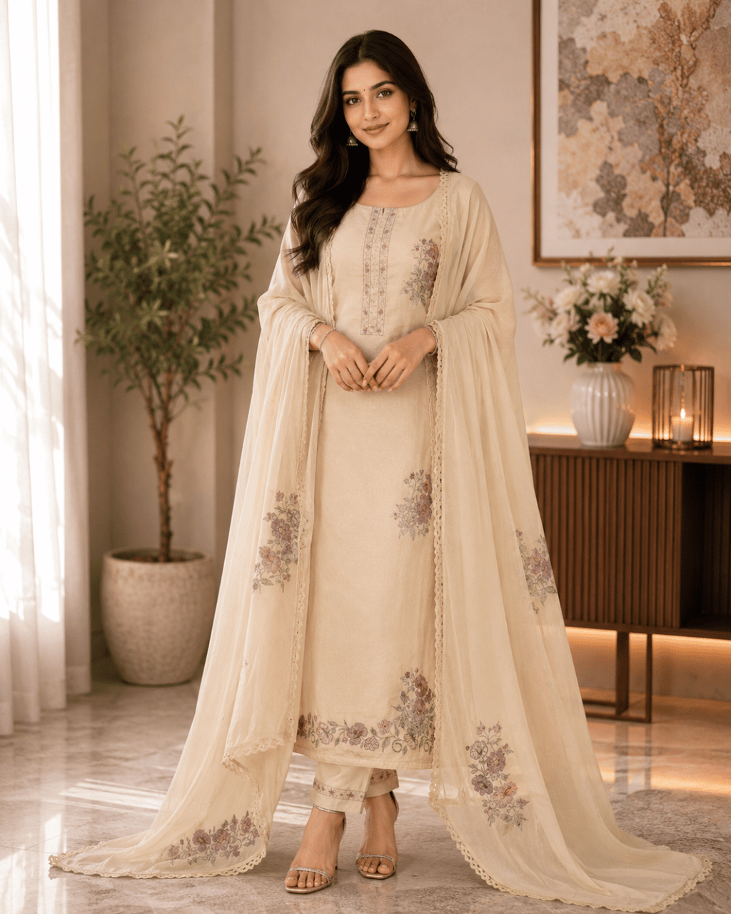 Glace Cotton Ovverall with Plain Chiffon Dupatta