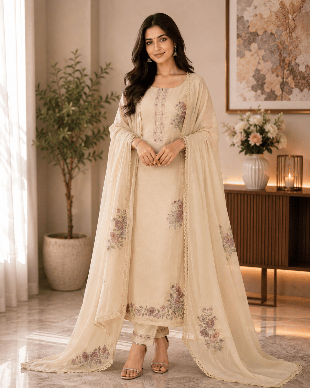 Glace Cotton Ovverall with Plain Chiffon Dupatta