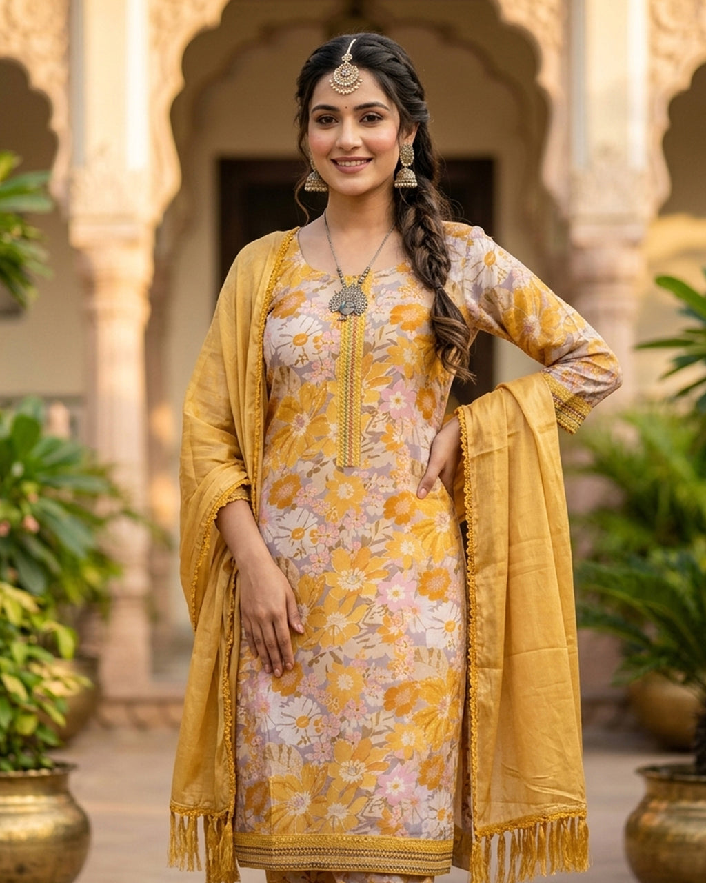 Crepe printed with bottom applique work