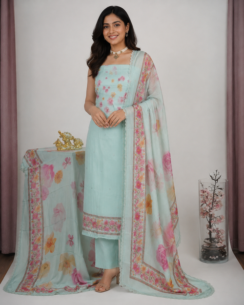 All-Over Printed Bangalori Silk Suit Set with Matching Dupatta