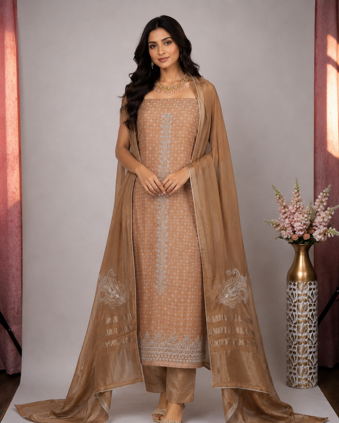 Designer Bandhani Tissue Suit Set with Embroidery