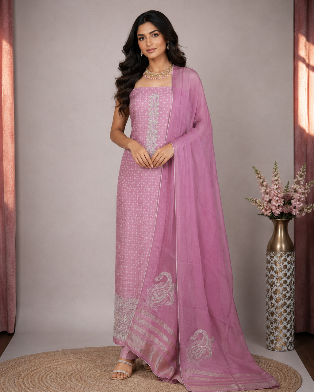 Designer Bandhani Tissue Suit Set with Embroidery