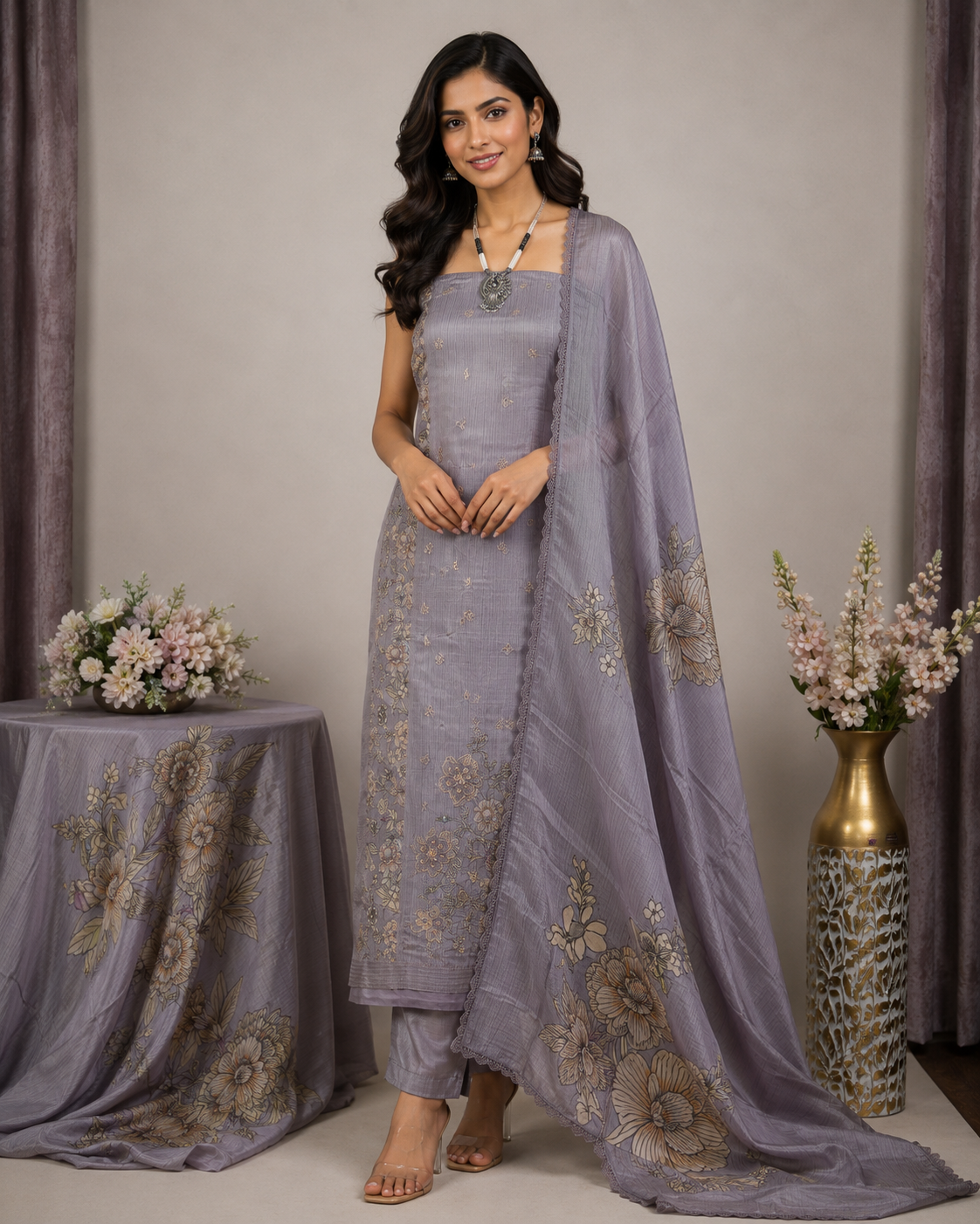 Gucci Silk Printed Bangalori Silk Top & Dupatta Set