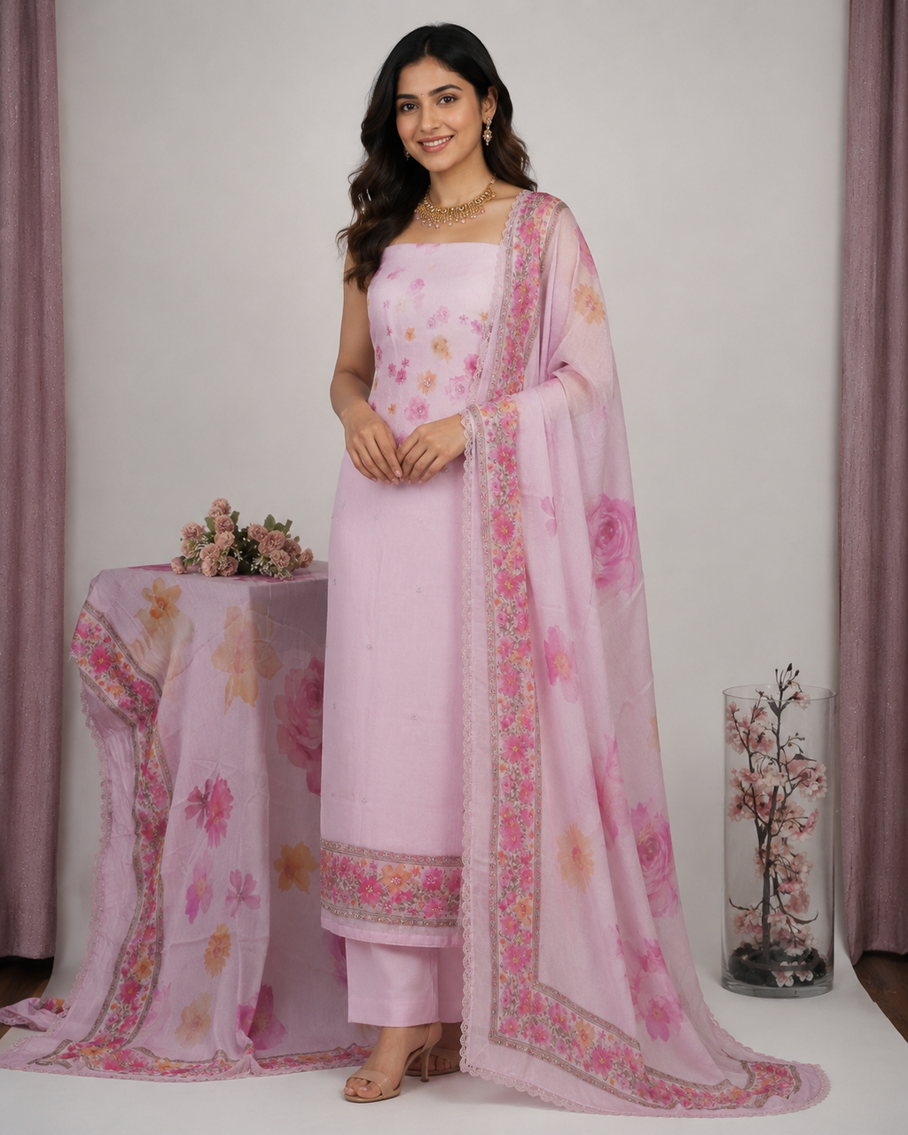 All-Over Printed Bangalori Silk Suit Set with Matching Dupatta
