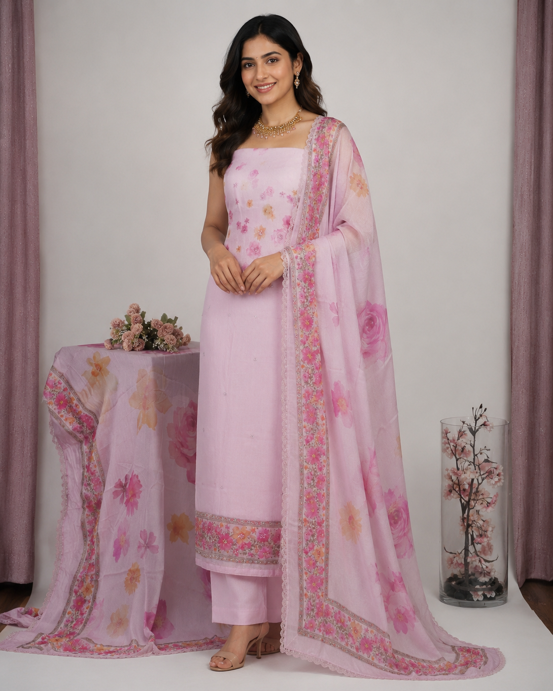 All-Over Printed Bangalori Silk Suit Set with Matching Dupatta