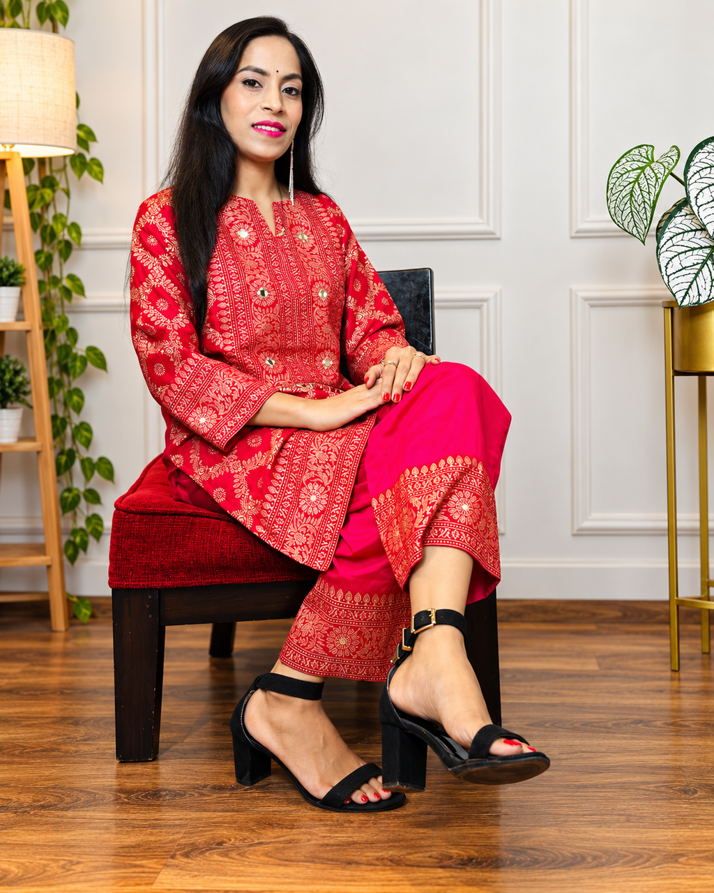 Elegant Red & Gold Printed Kurta Set