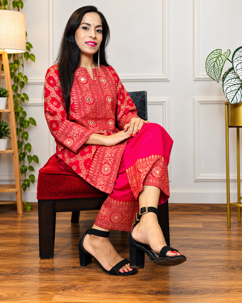 Elegant Red & Gold Printed Kurta Set