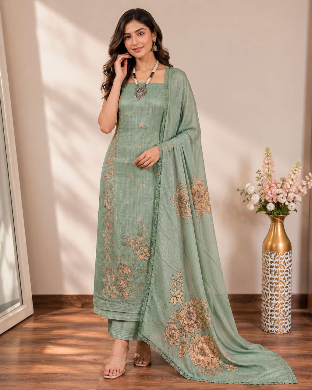 Gucci Silk Printed Bangalori Silk Top & Dupatta Set