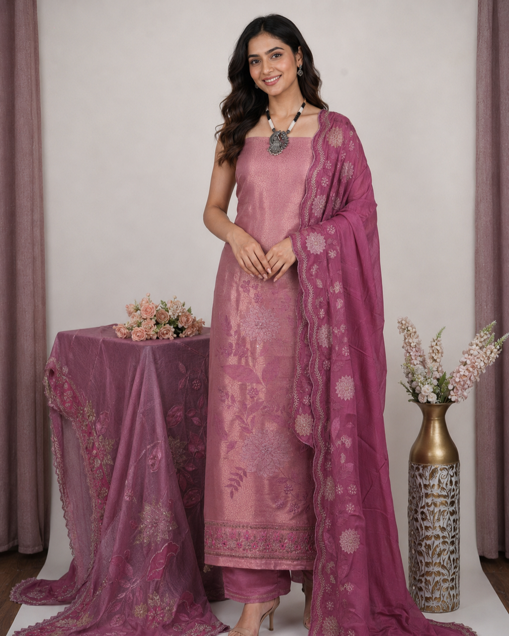Silk Suit with Embroidered Chinon Dupatta