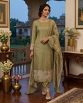 Olive Green Glace cotton Suit with Chinnon printed Dupatta