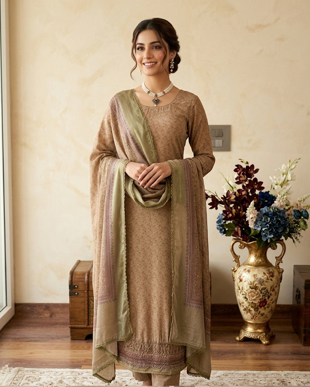 Golden Digital  Printed Suit In Crepe