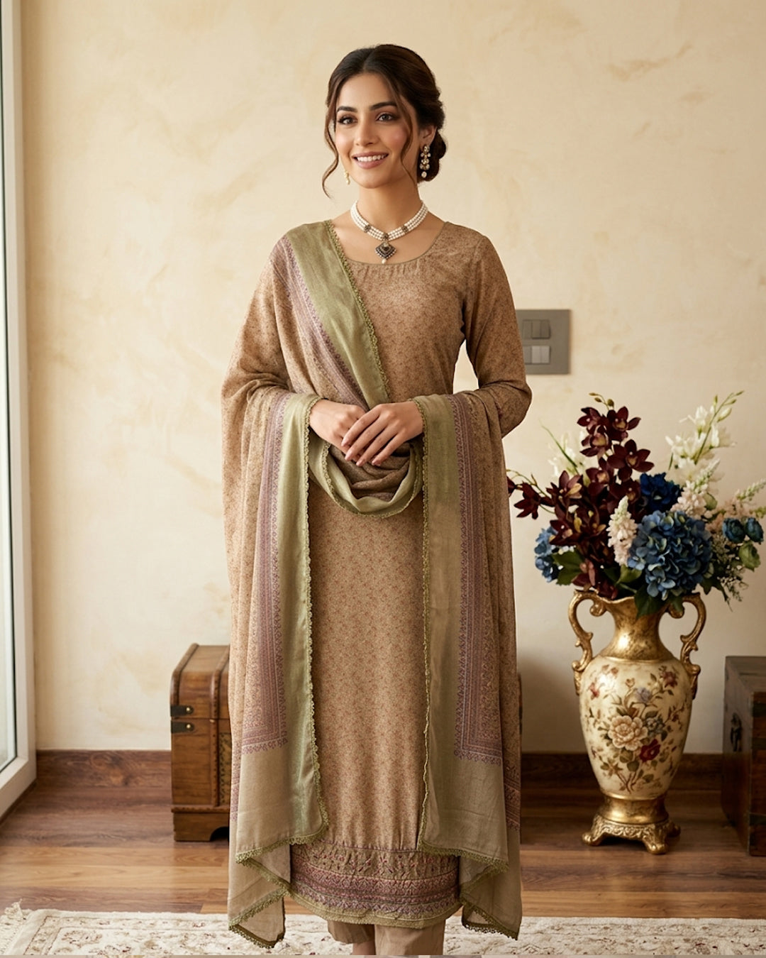 Golden Digital  Printed Suit In Crepe
