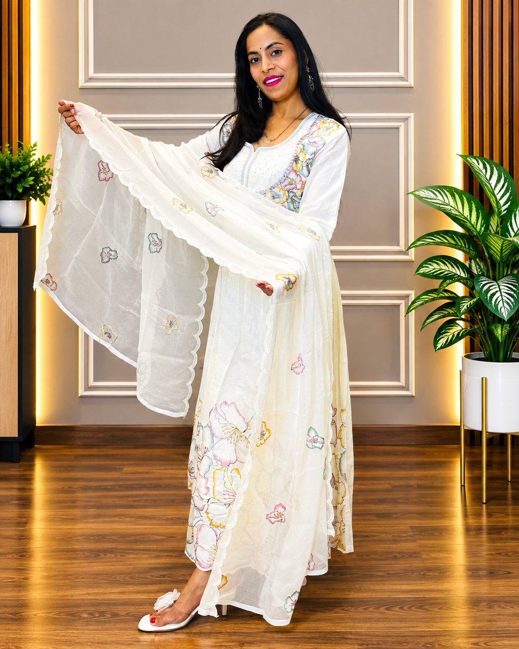White Cotton Embroidered With Handwork Kurta Set