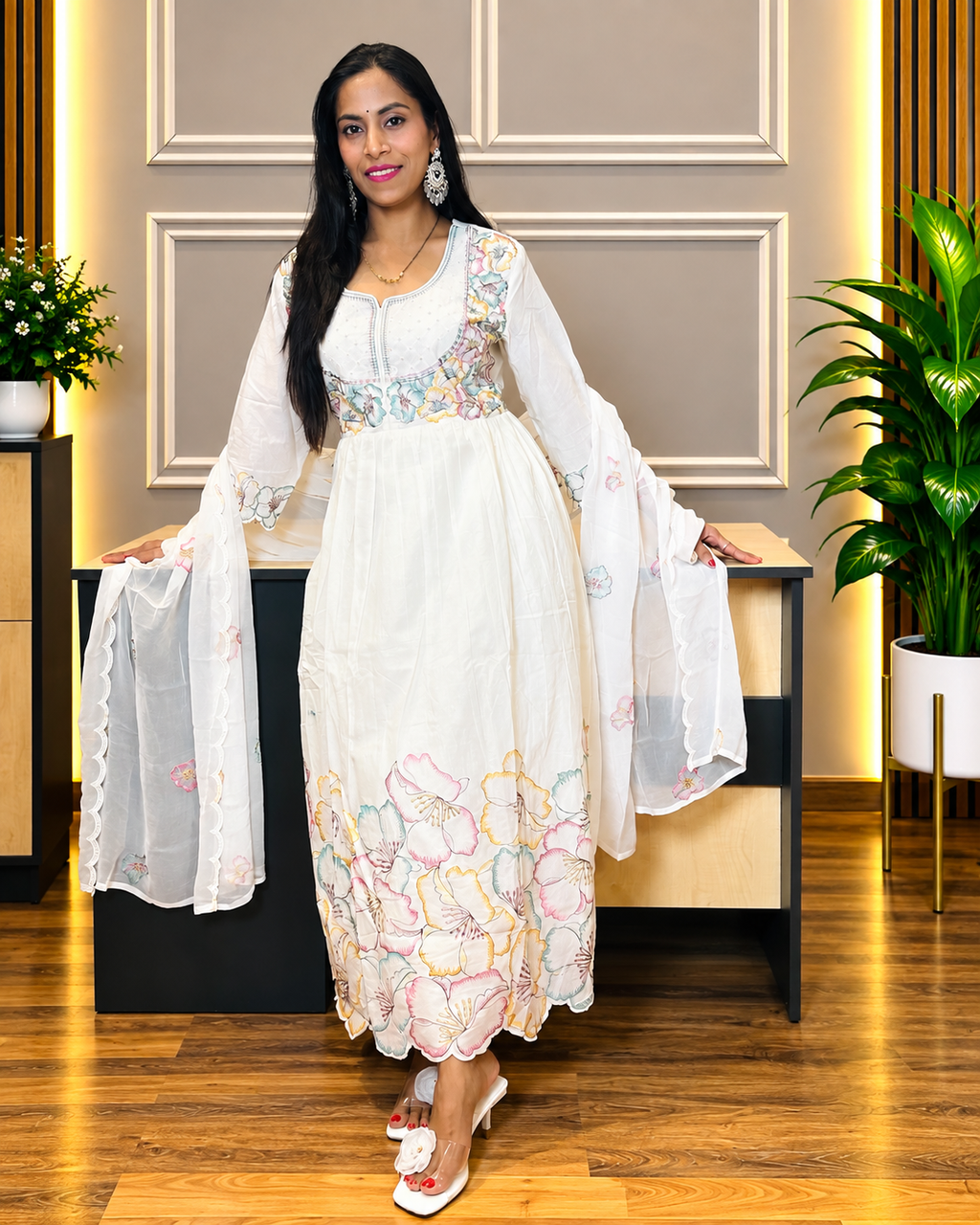 White Cotton Embroidered With Handwork Kurta Set