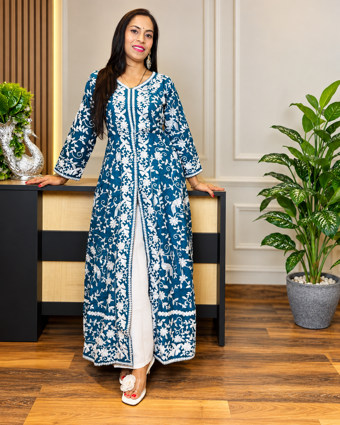 Greenish Blue Heavy Embroidered Magic Cotton Shrug with Palazzo Set
