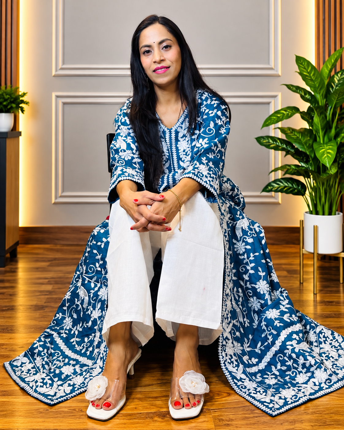 Greenish Blue Heavy Embroidered Magic Cotton Shrug with Palazzo Set