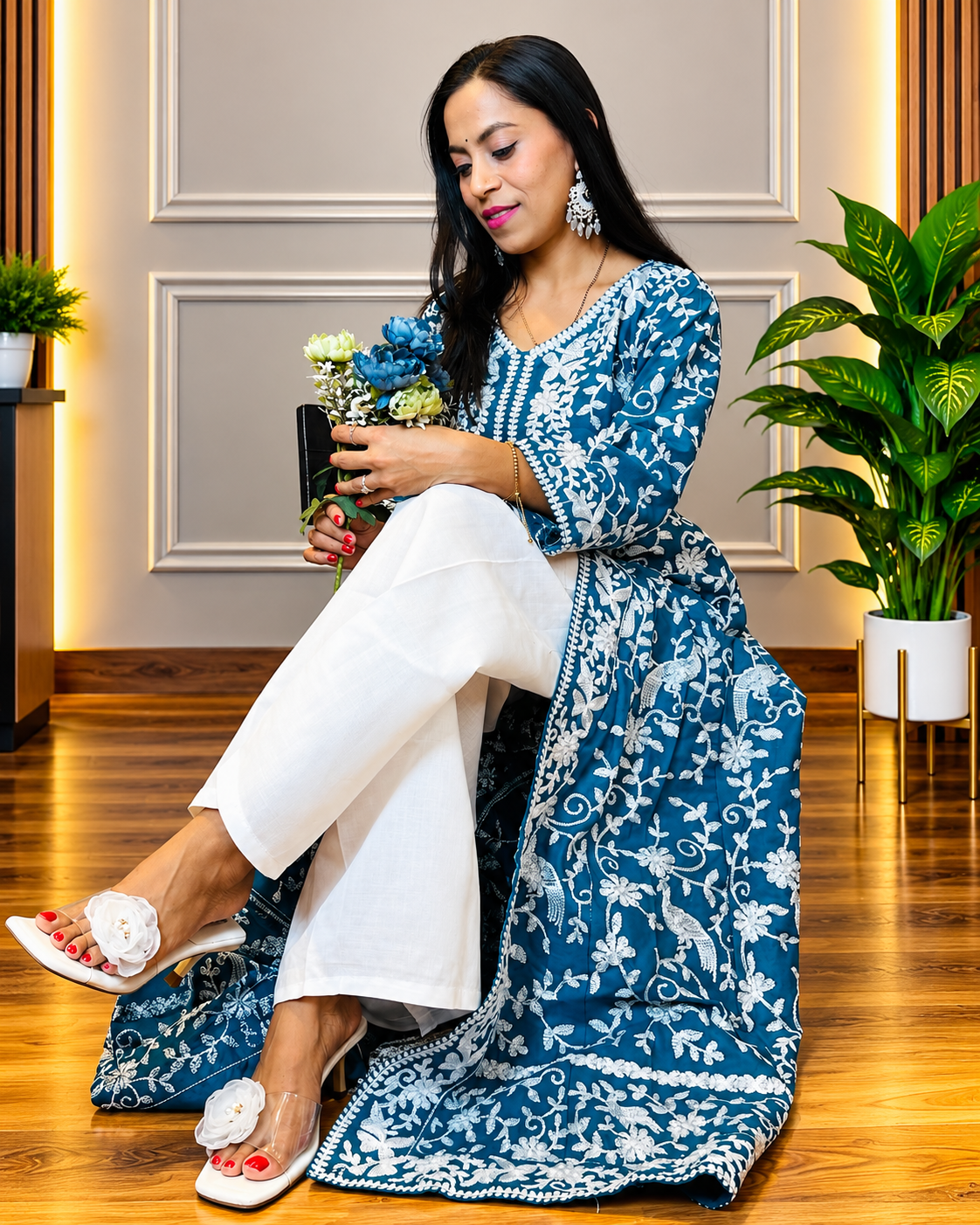 Greenish Blue Heavy Embroidered Magic Cotton Shrug with Palazzo Set