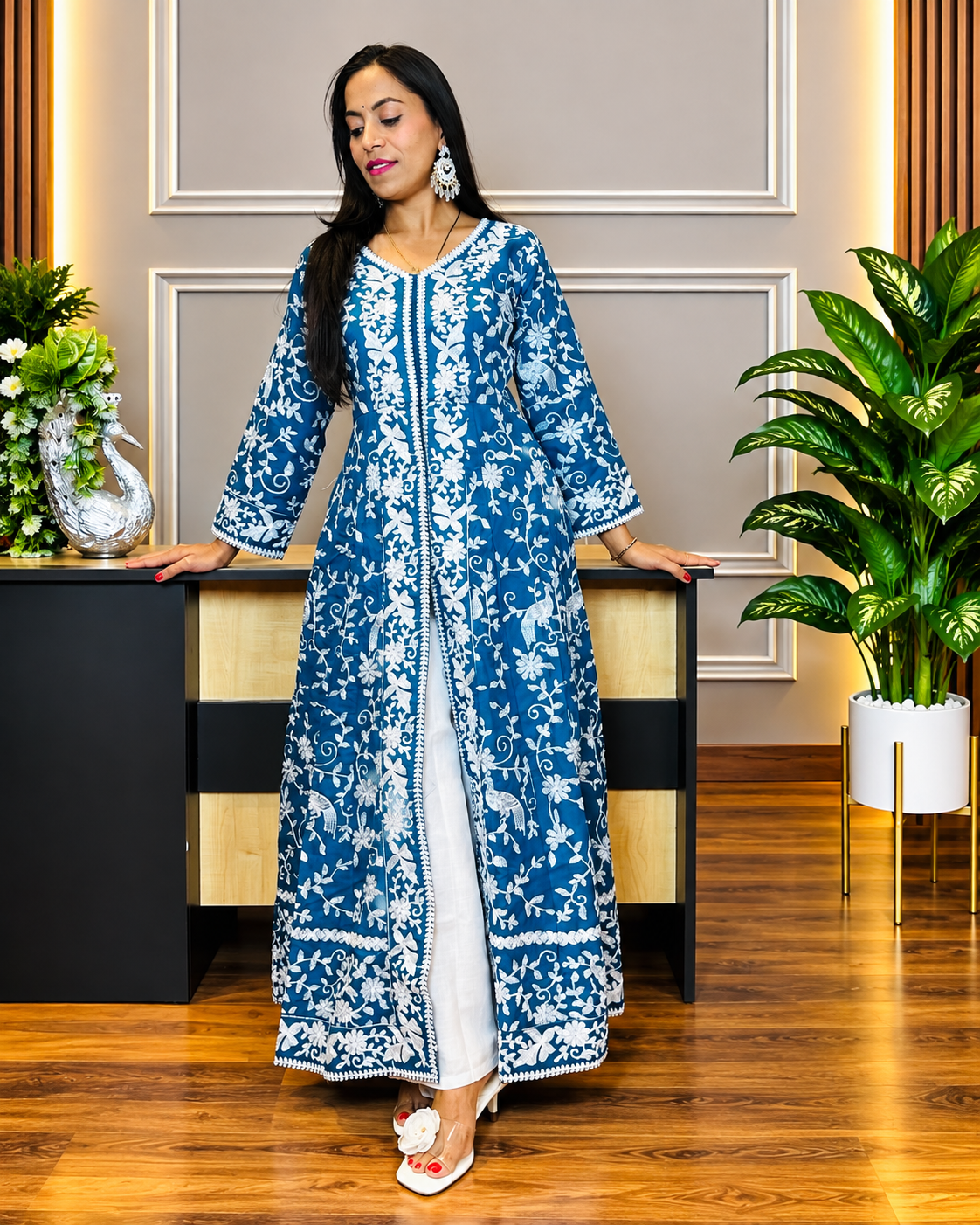 Greenish Blue Heavy Embroidered Magic Cotton Shrug with Palazzo Set