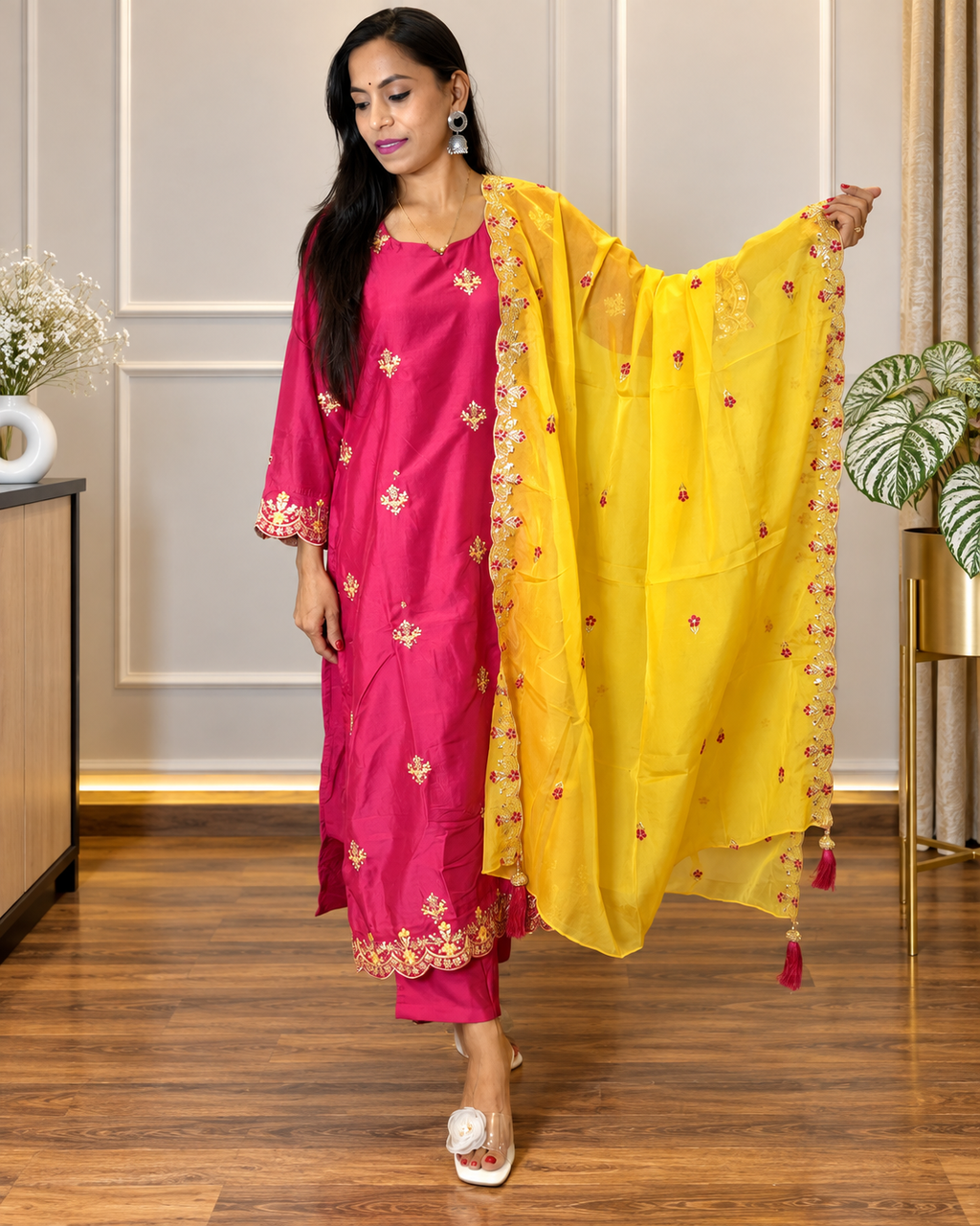 Pink Chinnon Embroidered Kurta Set With Dupatta