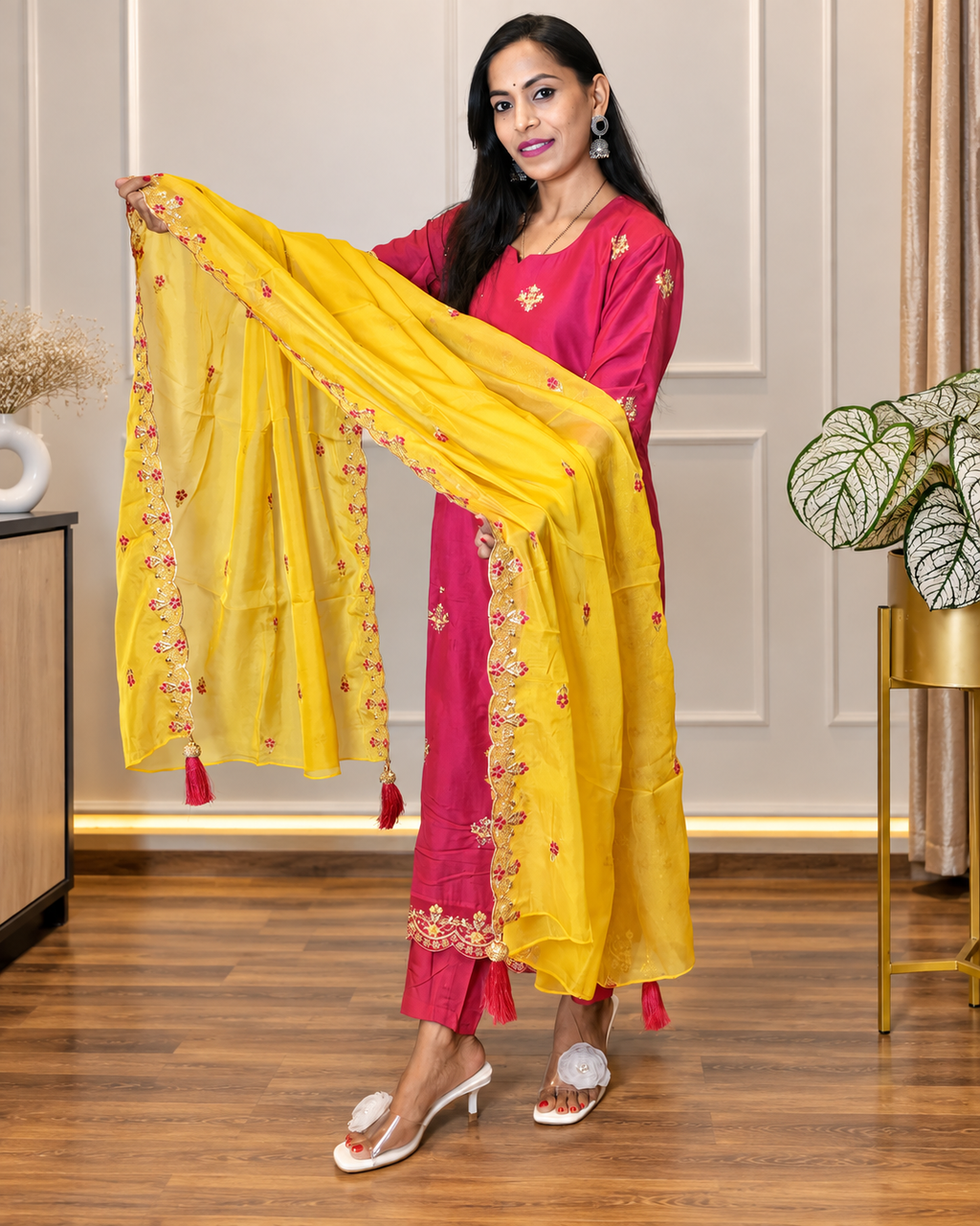 Pink Chinnon Embroidered Kurta Set With Dupatta