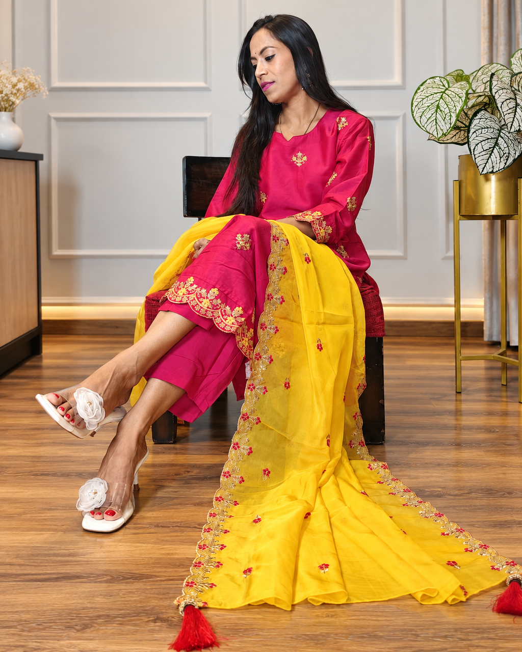 Pink Chinnon Embroidered Kurta Set With Dupatta