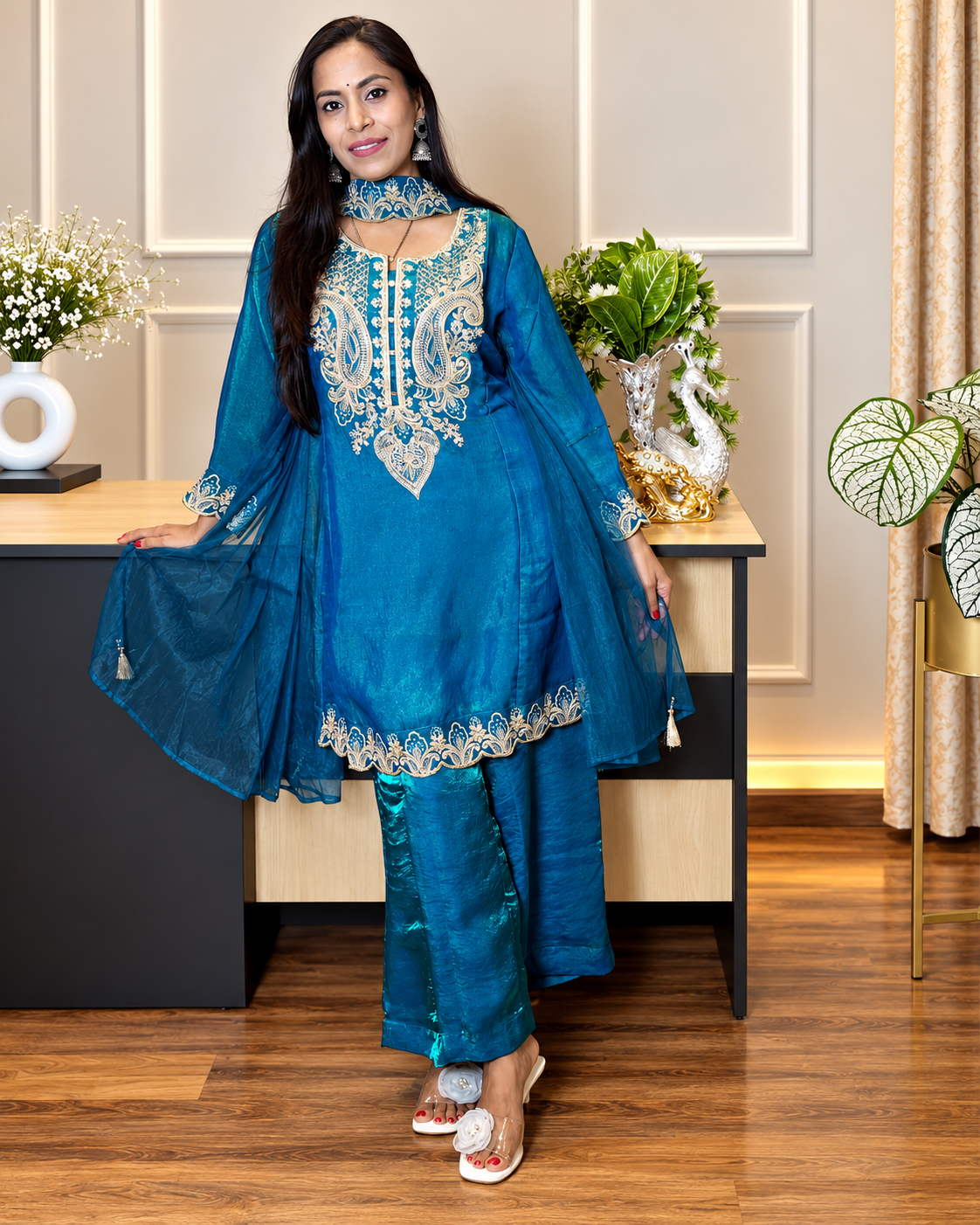 Elegant Teal Blue Embroidered Suit Set