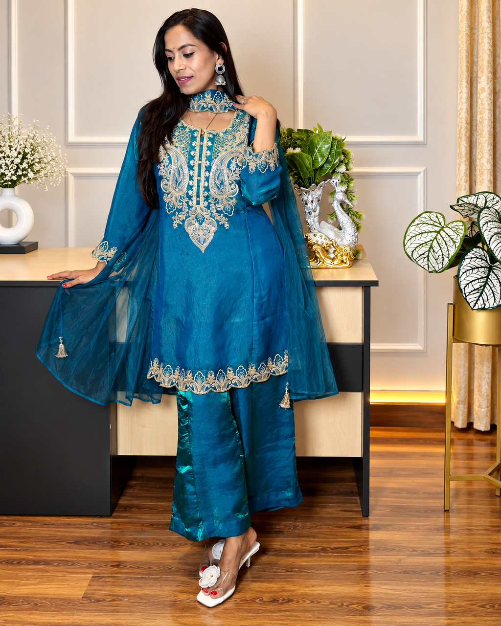 Elegant Teal Blue Embroidered Suit Set