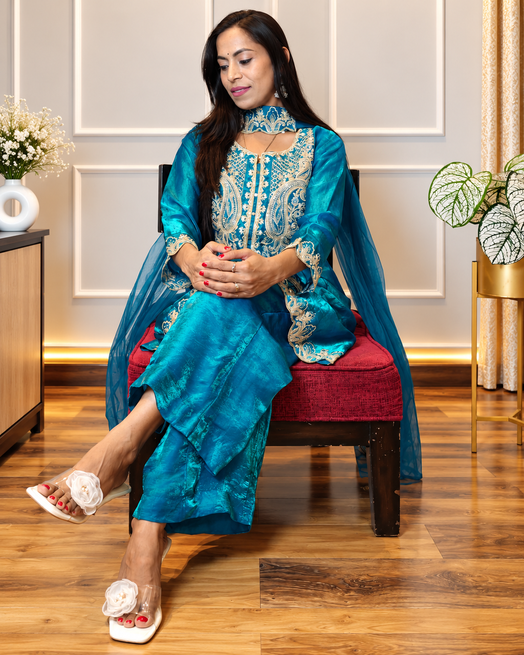 Elegant Teal Blue Embroidered Suit Set