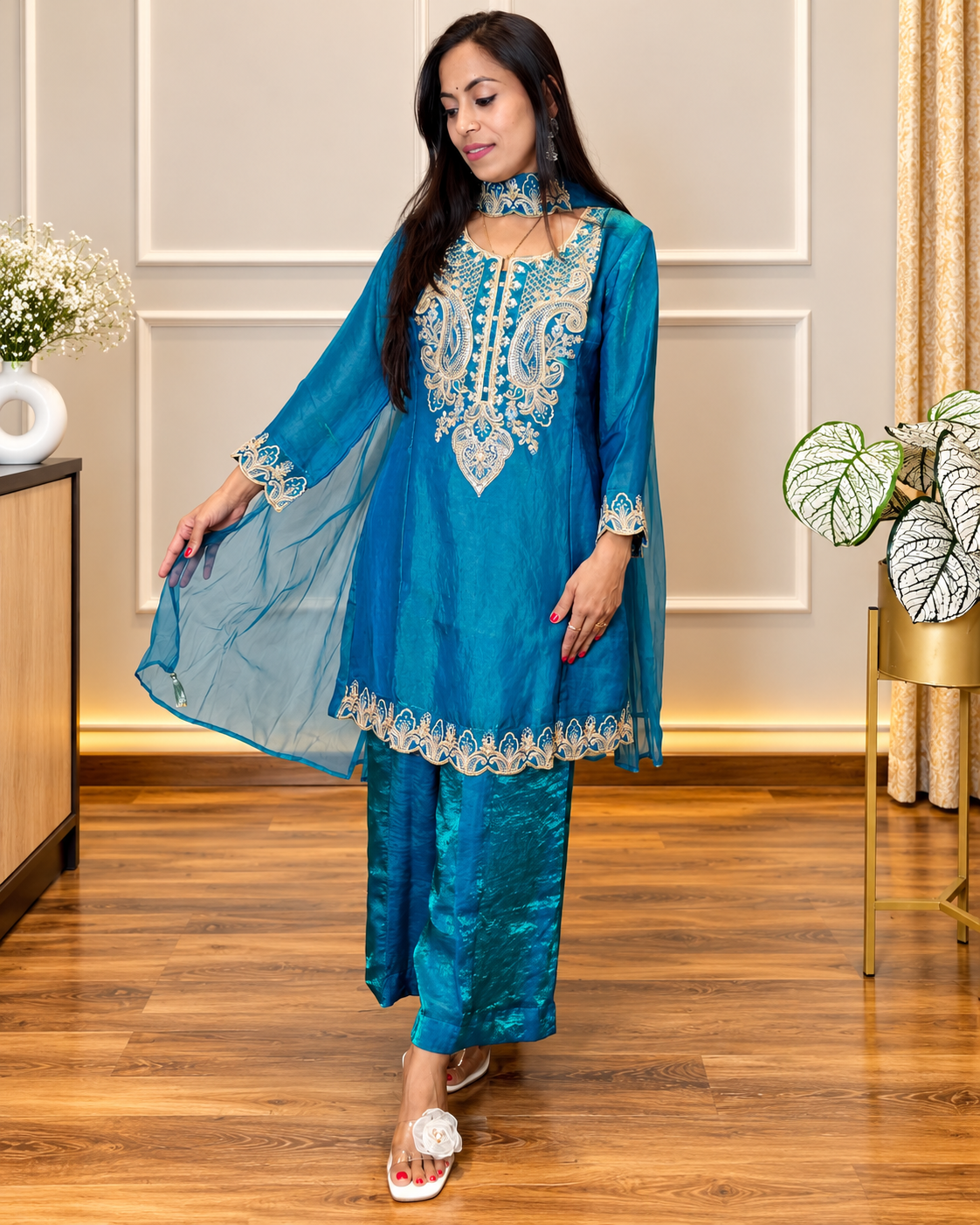 Elegant Teal Blue Embroidered Suit Set