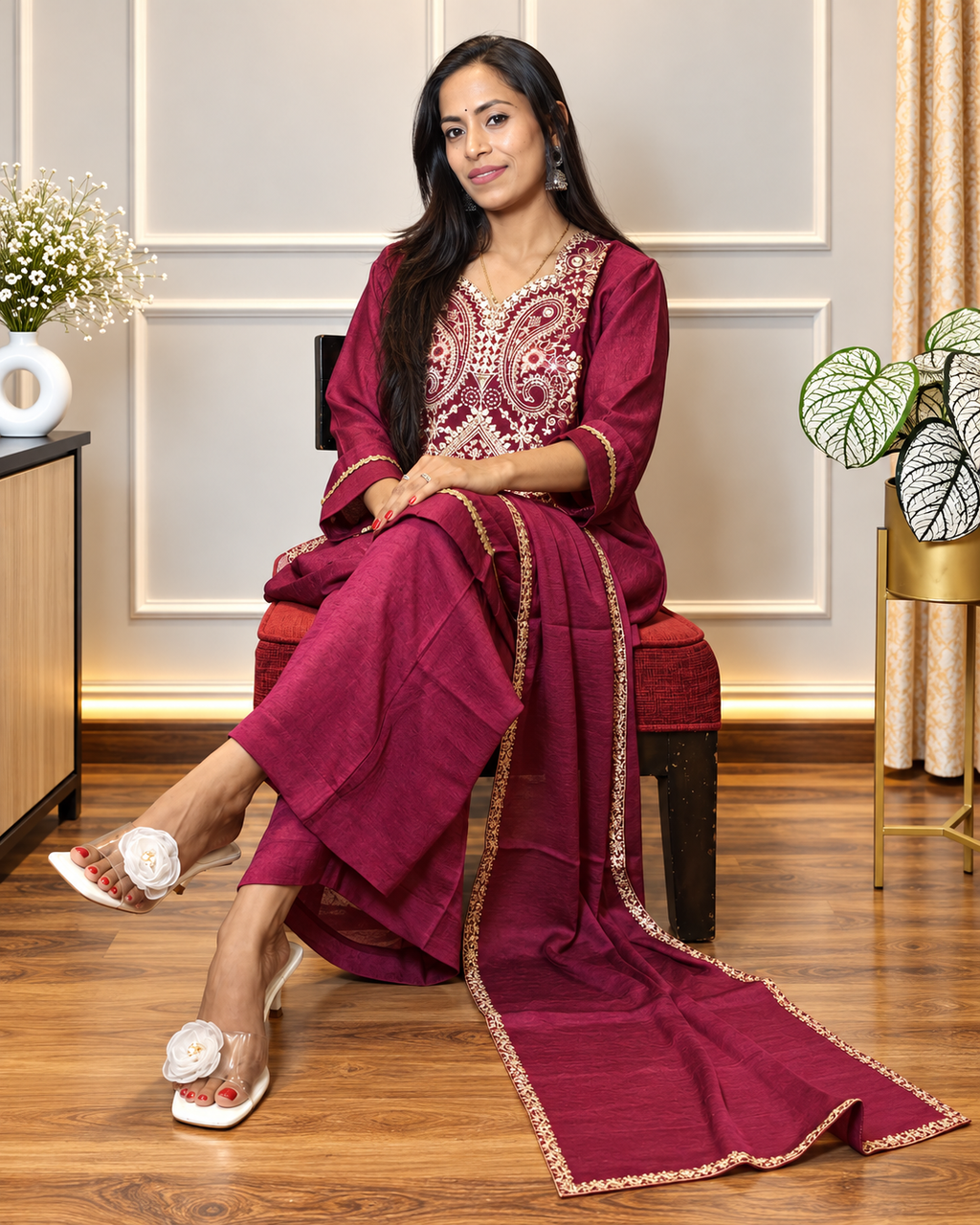 Elegant Wine Maroon Embroidered Suit Set ✨