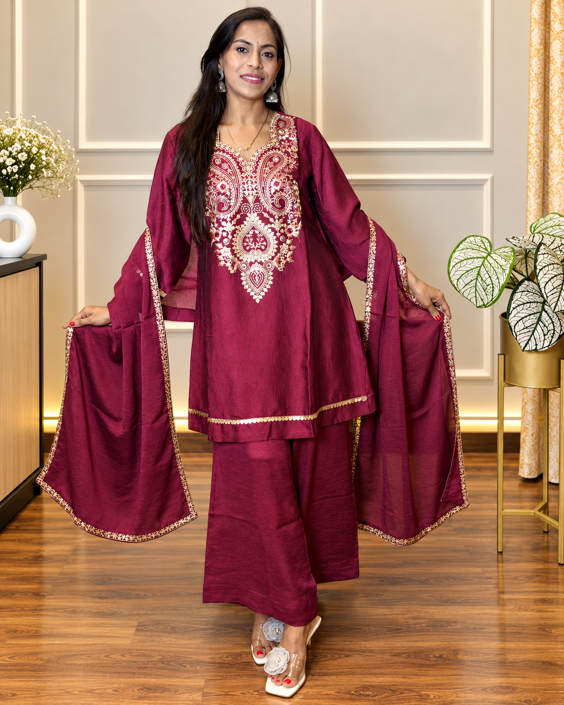 Elegant Wine Maroon Embroidered Suit Set ✨