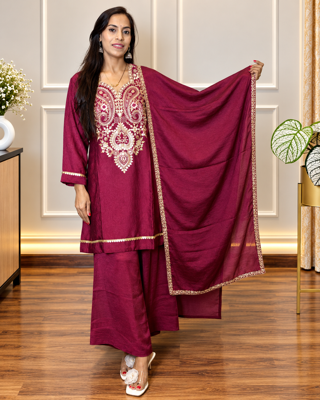 Elegant Wine Maroon Embroidered Suit Set ✨