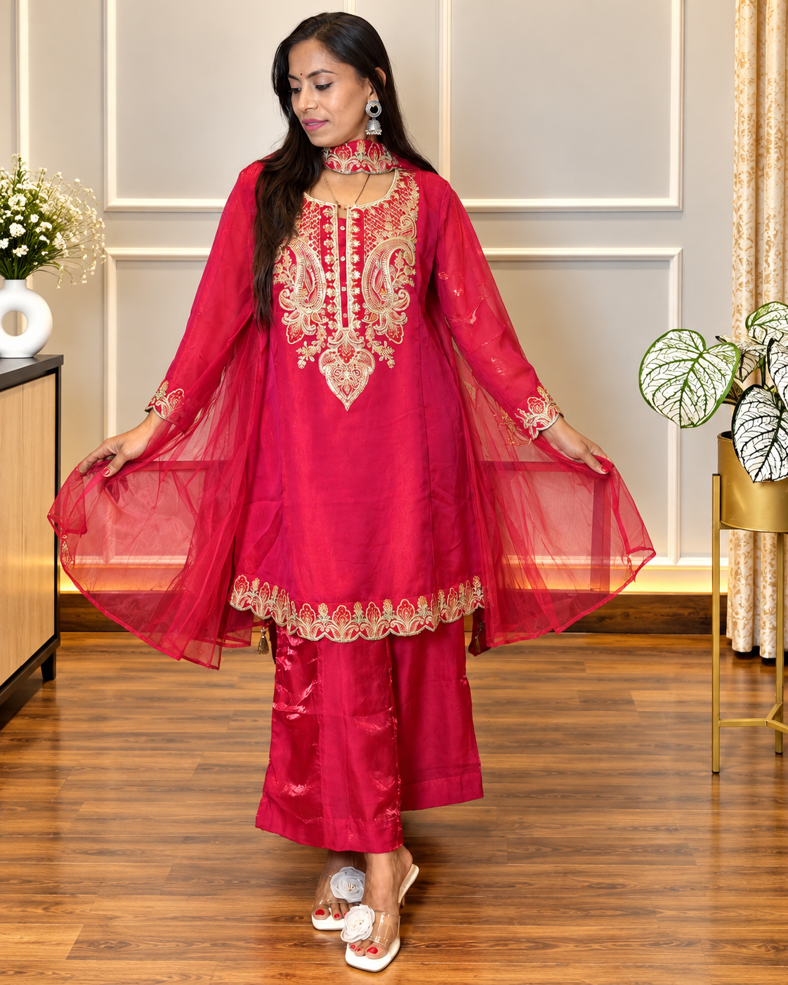 hot pink embroidered suit set