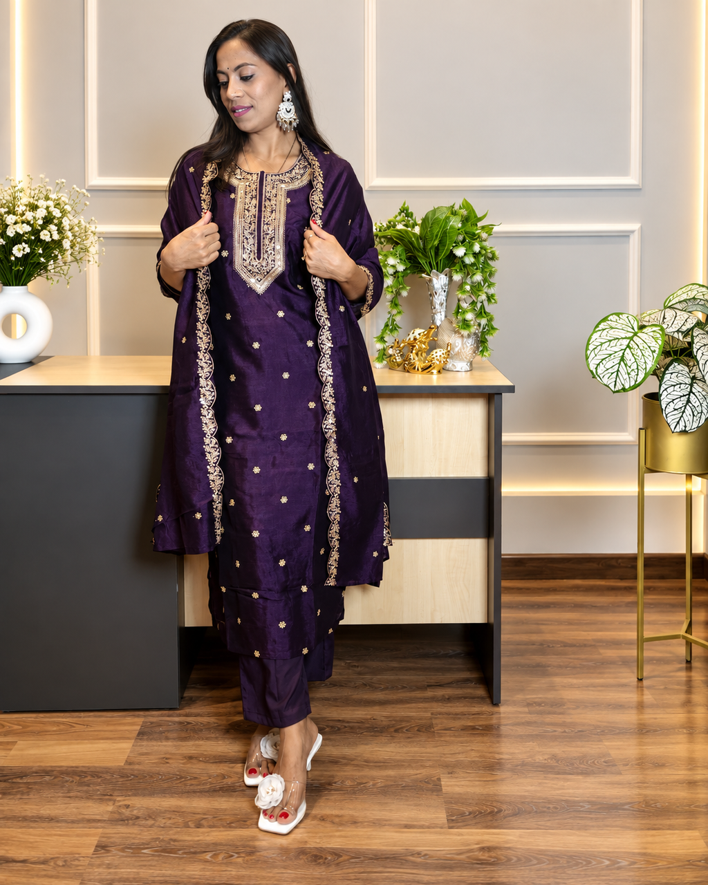 deep royal purple embroidered suit set