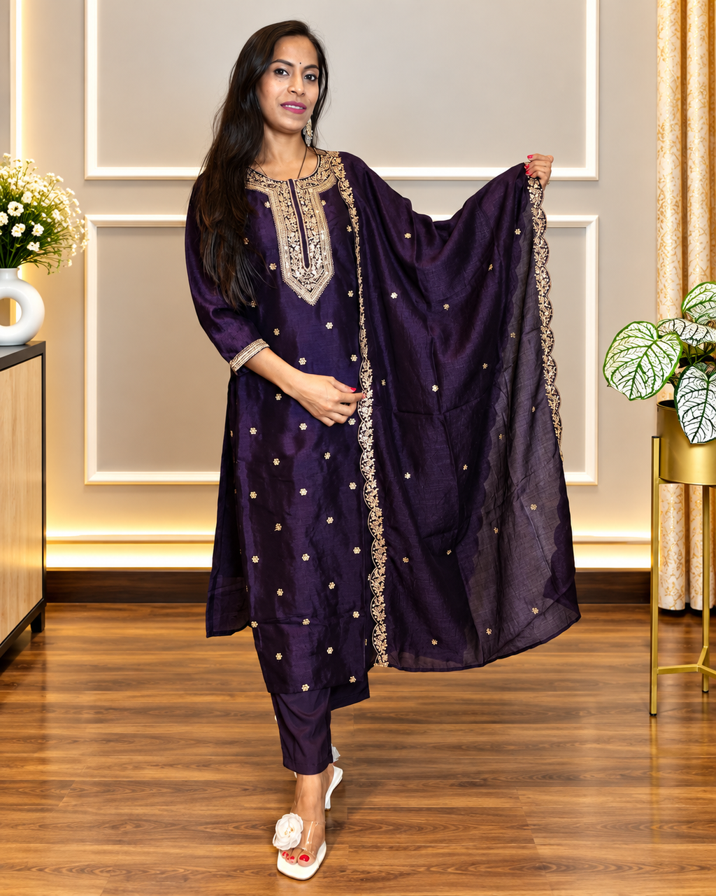 deep royal purple embroidered suit set