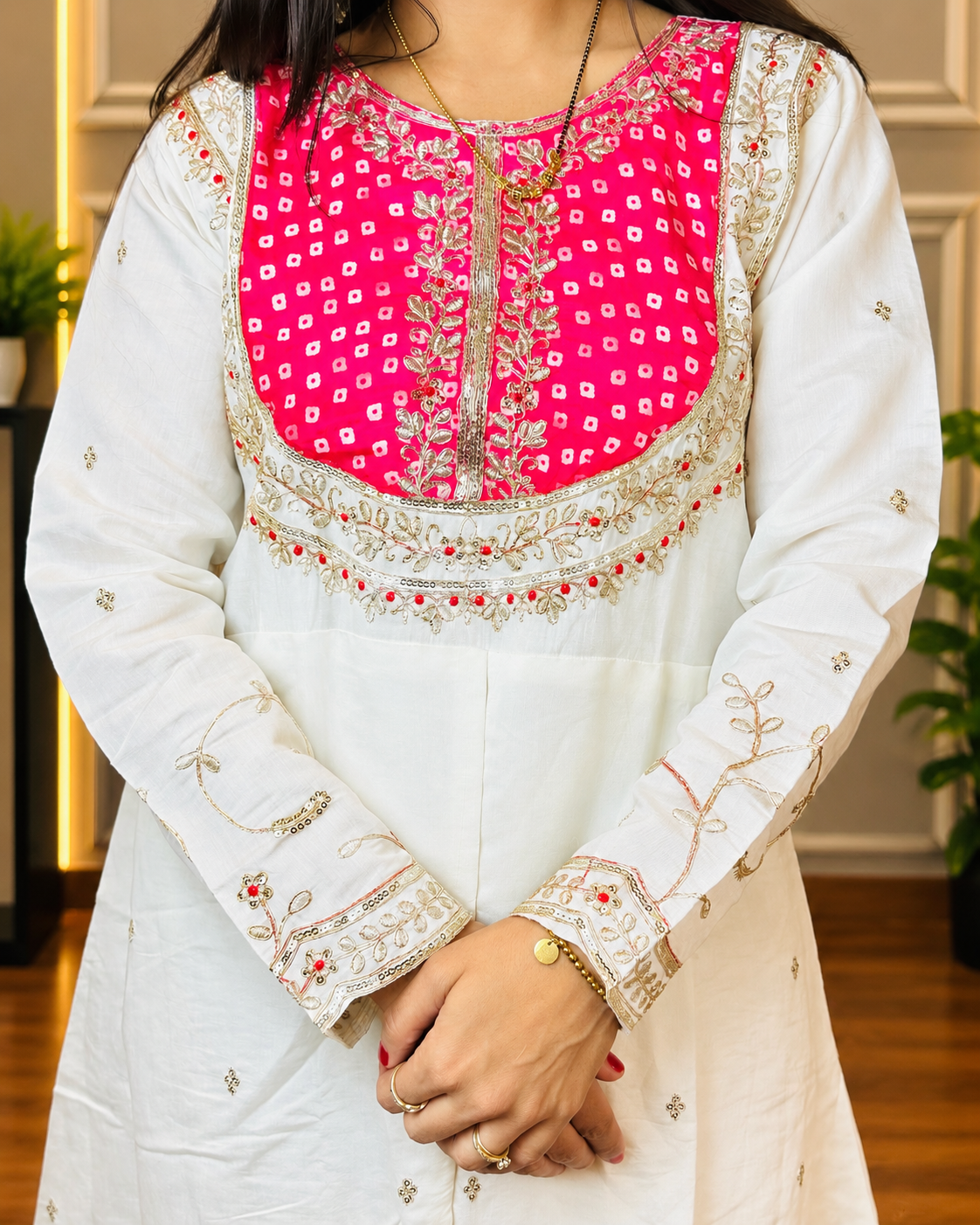 White & Pink Embroidered Chinon Kurta and Palazzo Set