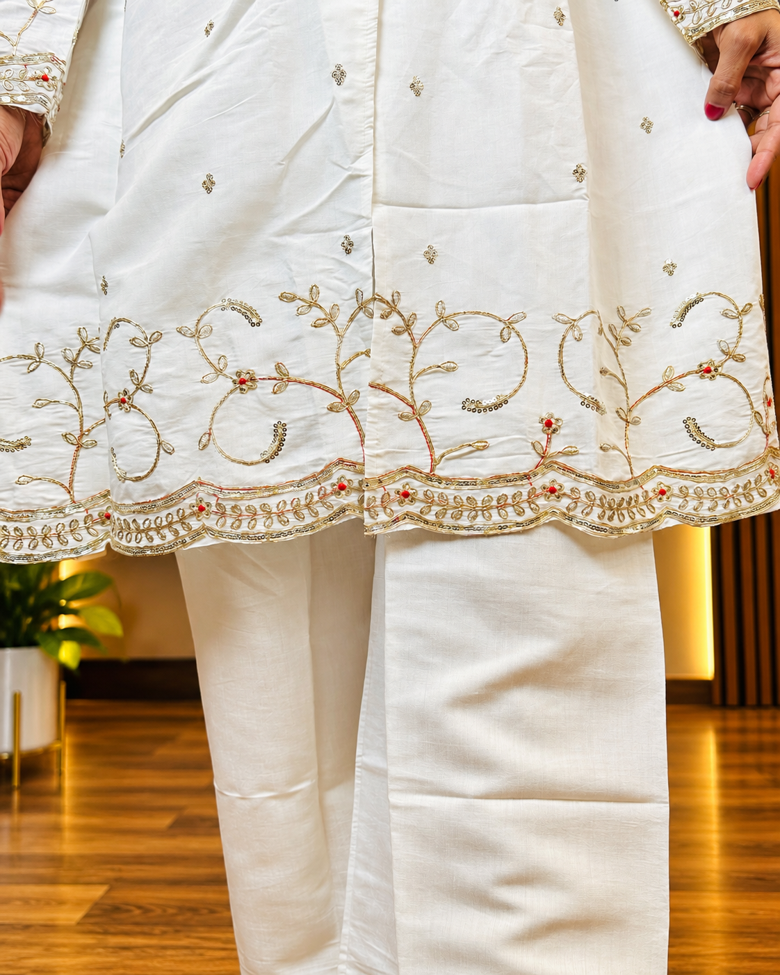 White & Pink Embroidered Chinon Kurta and Palazzo Set