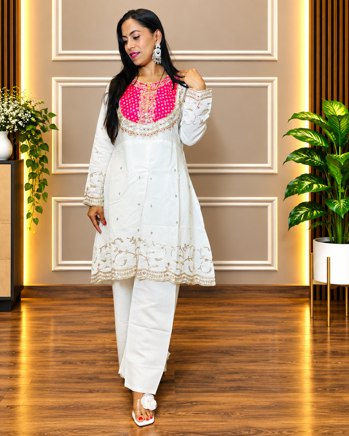 White & Pink Embroidered Chinon Kurta and Palazzo Set