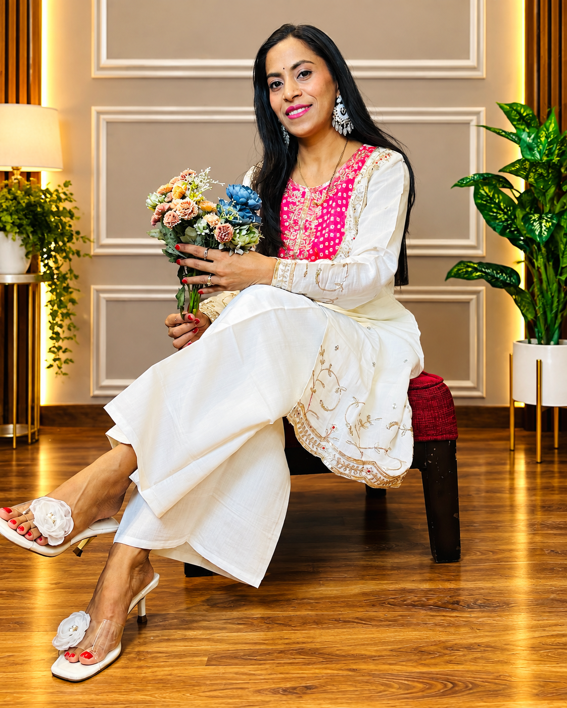 White & Pink Embroidered Chinon Kurta and Palazzo Set