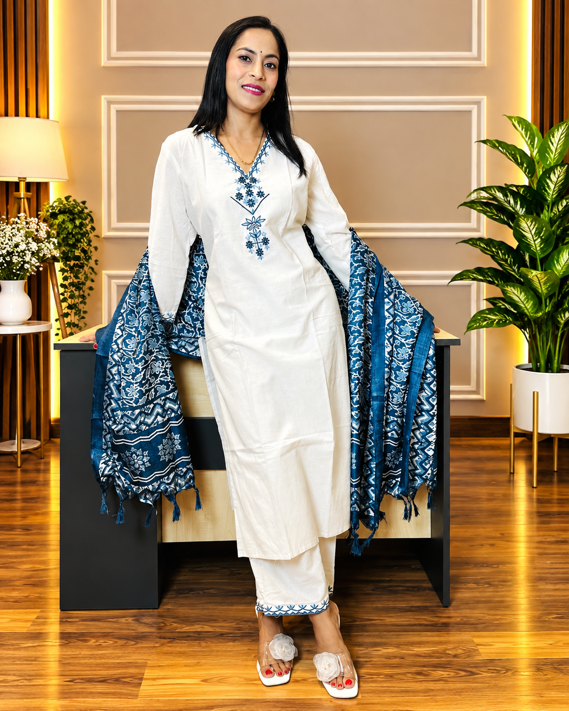 Off White Embroidered Cotton Flex Suit Set with Cotton Silk Dupatta