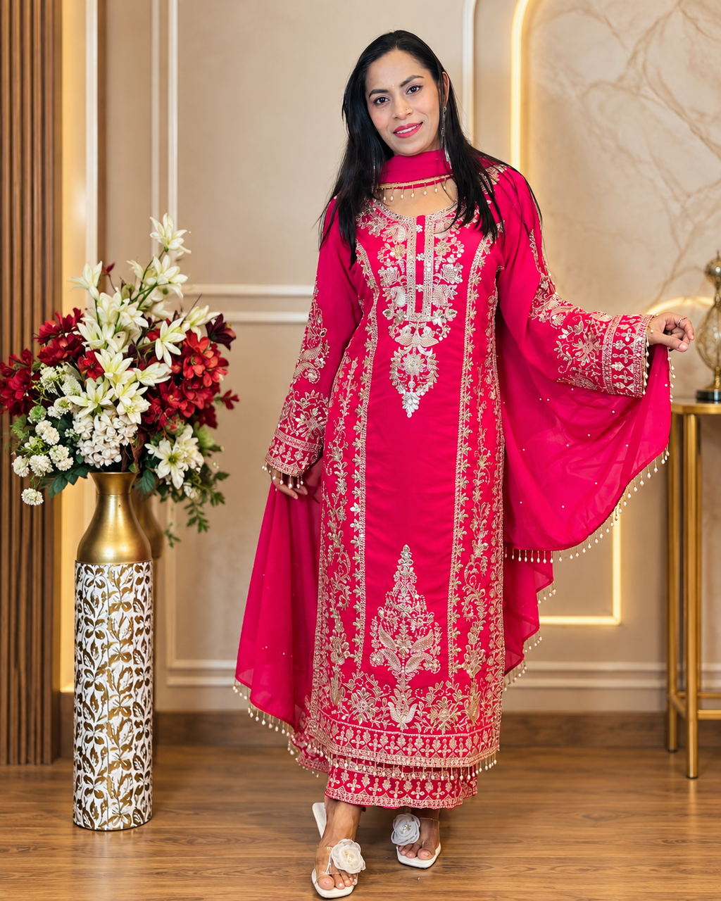 Premium Fuchsia Pink Embroidered Suit Set