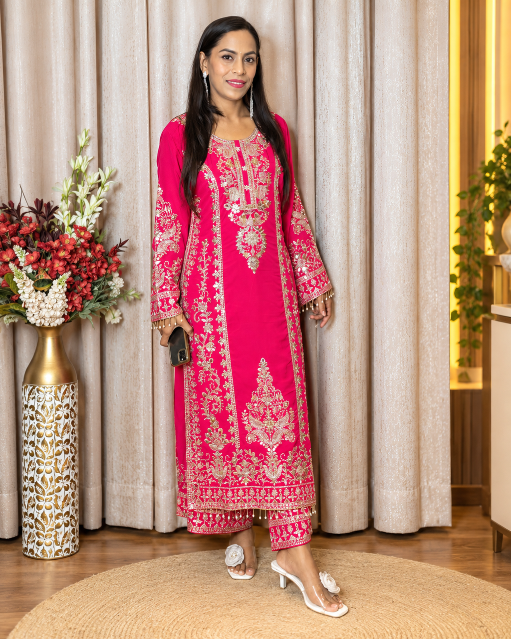 Premium Fuchsia Pink Embroidered Suit Set